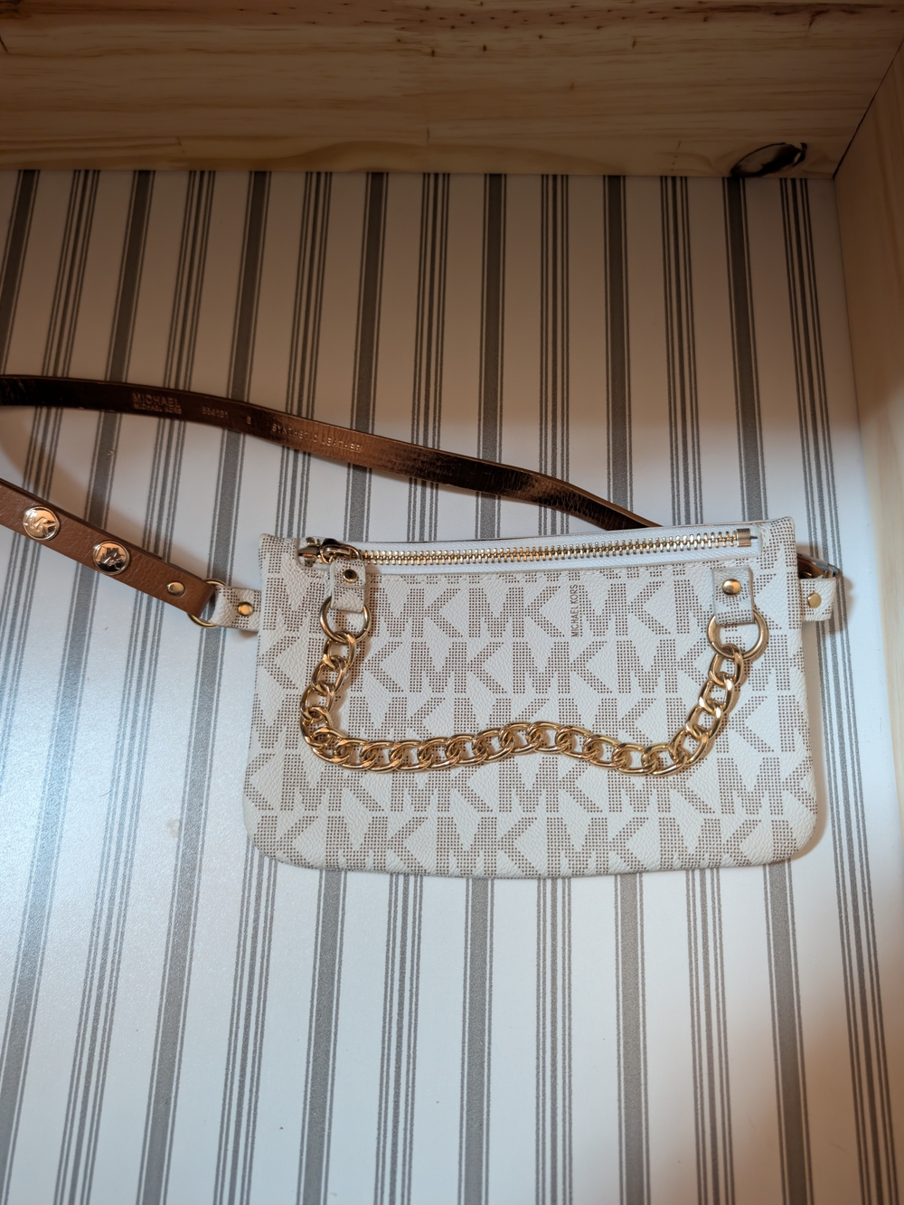 Michael Kors Cream MK Logo Crossbody with Gold Chain